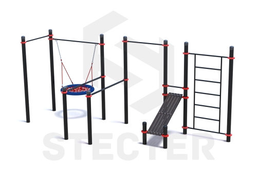 Уличный комплекс из двух турников, качели Гнездо, брусьев, наклонной скамьи и шведской стенки фото 2