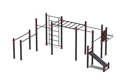 Комплекс из брусьев, разноур турников, тренажера брусья - пресс, наклонной лавки и рукохода (PAW-74)