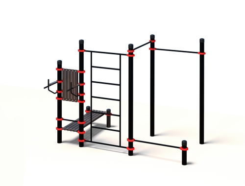 Комплекс с низкой перекладиной, лавкой для пресса, шведской стенкой и тренажером брусья-пресс