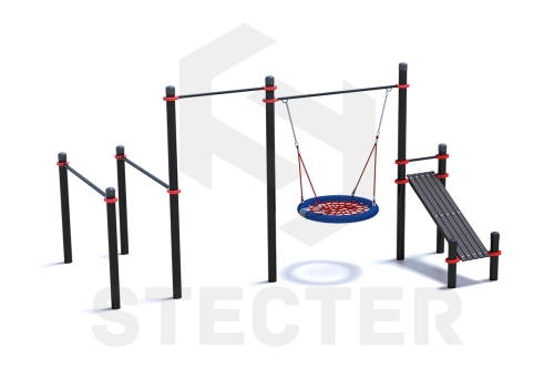 Уличный комплекс из брусьев, турника, качели Гнездо и наклонной скамьи для пресса