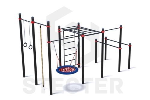 Уличный комплекс из брусьев, турника, рукохода, шведской стенки, качели Гнездо, каната и колец фото 3