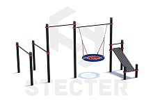 Уличный комплекс из брусьев, турника, качели Гнездо и наклонной скамьи для пресса