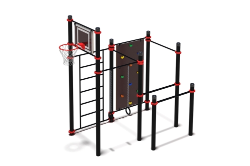 Воркаут комплекс с баскетбольным щитом, скалодромом, гимнастическими кольцами, турниками, брусьями и
