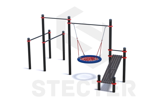 Уличный комплекс из брусьев, турника, качели Гнездо и наклонной скамьи для пресса фото 2