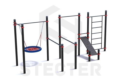 Уличный комплекс из двух турников, качели Гнездо, брусьев, наклонной скамьи и шведской стенки