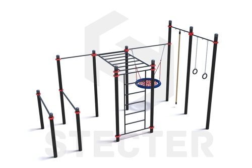 Уличный комплекс из брусьев, турника, рукохода, шведской стенки, качели Гнездо, каната и колец
