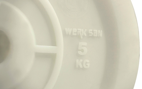 Технический диск 5 кг для тяжелой атлетики WERK SAN сертифицироват IWF. Материал - ПВХ. Диаметр 450 мм. Цвет - белый фото 3 Технический диск для штанги 5 кг WERK SAN фото 3