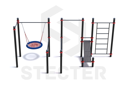 Уличный комплекс из двух турников, качели Гнездо, брусьев, наклонной скамьи и шведской стенки фото 3