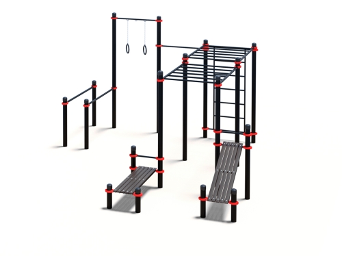 Комплекс из брусьев, турников, шведской стенки, 2 рукохода, 2 лавки для пресса и гимн.колец (PAW-62) фото 2