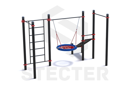 Уличный комплекс из двух турников, шведской стенки, качели Гнездо и наклонной скамьи для пресса фото 3