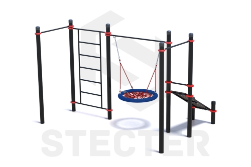 Уличный комплекс из двух турников, шведской стенки, качели Гнездо и наклонной скамьи для пресса фото 2