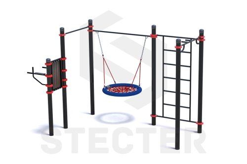 Уличный комплекс из стойки для пресса, качели Гнездо, шведской стенки и турника Мультихват