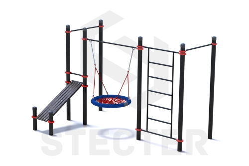 Уличный комплекс из двух турников, шведской стенки, качели Гнездо и наклонной скамьи для пресса