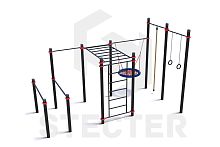 Уличный комплекс из брусьев, турника, рукохода, шведской стенки, качели Гнездо, каната и колец