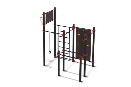 Воркаут комплекс с баскетбольным щитом, скалодромом, гимнастическими кольцами, турниками, брусьями и фото 2