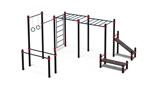 Комплекс из брусьев, турников, шведской стенки, 2 рукохода, 2 лавки для пресса и гимн.колец (PAW-62)