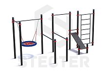 Уличный комплекс из двух турников, качели Гнездо, брусьев, наклонной скамьи и шведской стенки