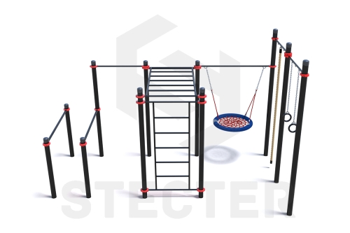 Уличный комплекс из брусьев, турника, рукохода, шведской стенки, качели Гнездо, каната и колец фото 2
