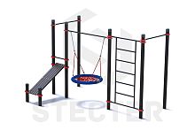 Уличный комплекс из двух турников, шведской стенки, качели Гнездо и наклонной скамьи для пресса